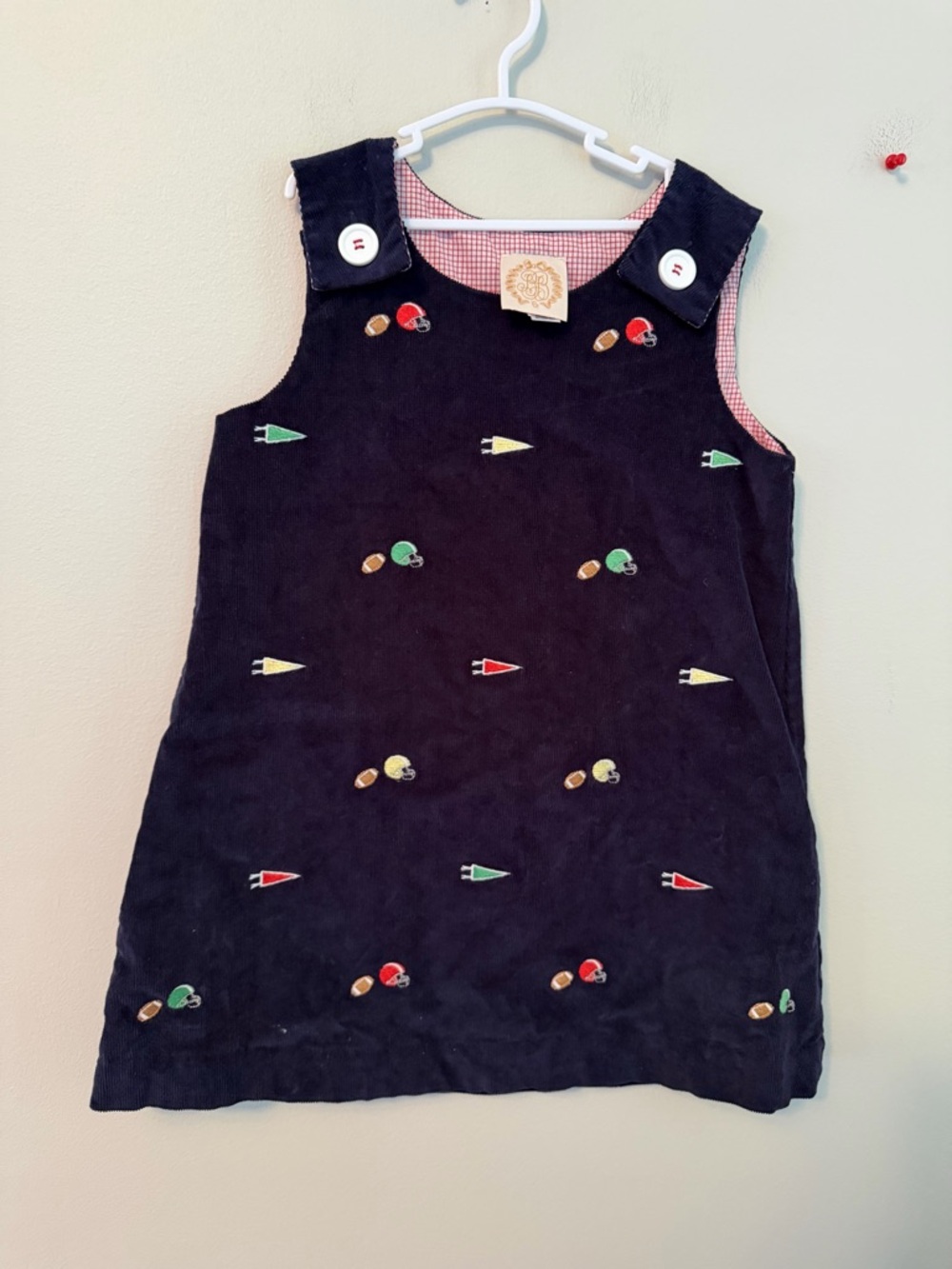 The Beaufort Bonnet Company Navy Corduroy  Dress with Football Embroidery